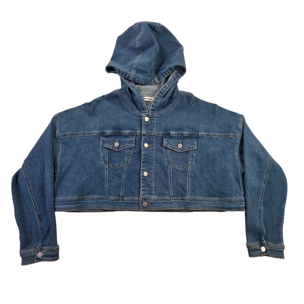 Rivir Cropped Denim Jacket Hooded Medium Wash Blue Boxy Jean Coat AM093J EUC L